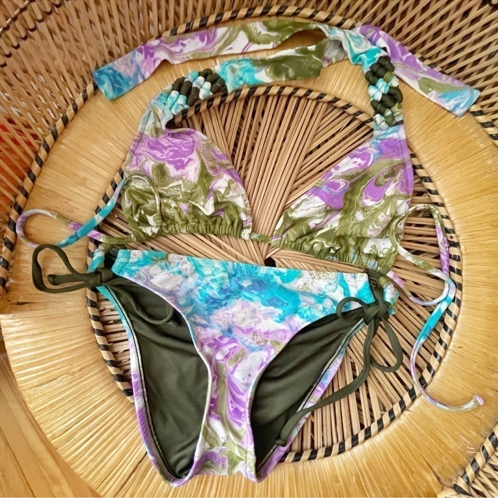⚡️10$ sale⚡️ Y2K Teal & Purple Tie Dye Triangle Tie String Bikini Set Size M